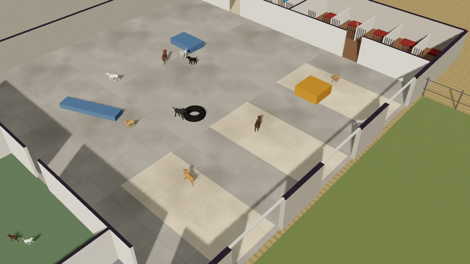 Illustration: the play room with a play group, the overhead doors open, suites along the back